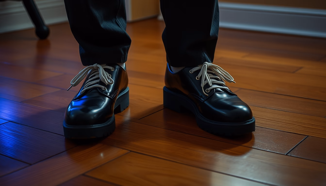 tap shoes wooden floor in editorial style