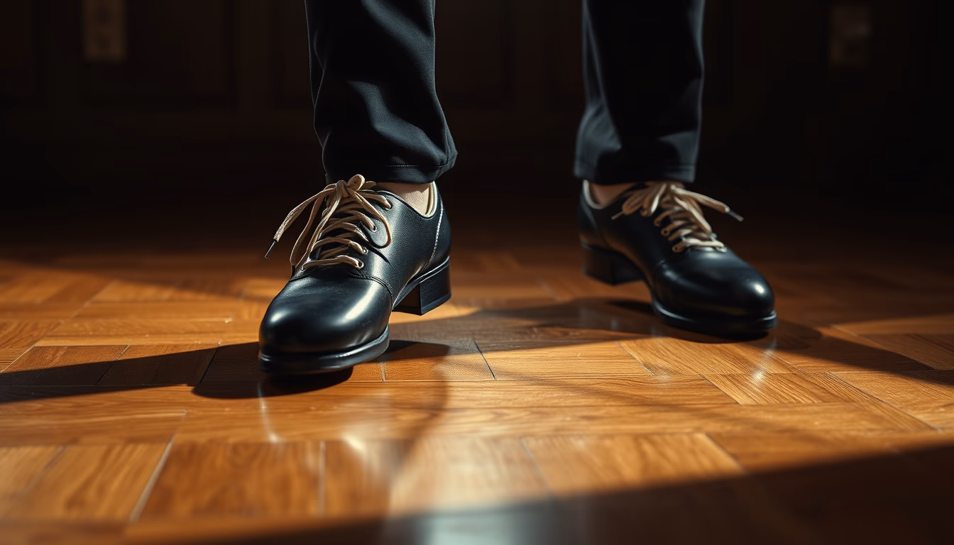 tap shoes wooden floor in editorial style