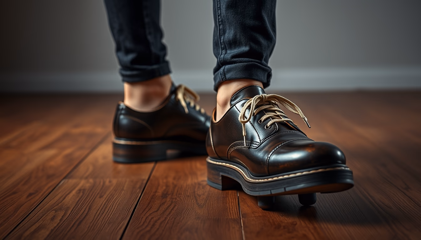 tap shoes wooden floor in editorial style