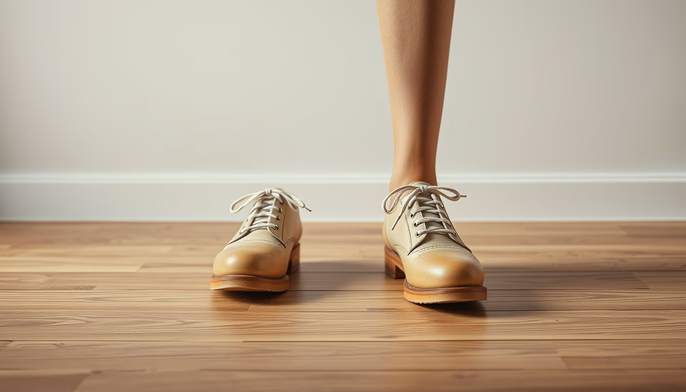 tap shoes wooden floor in editorial style