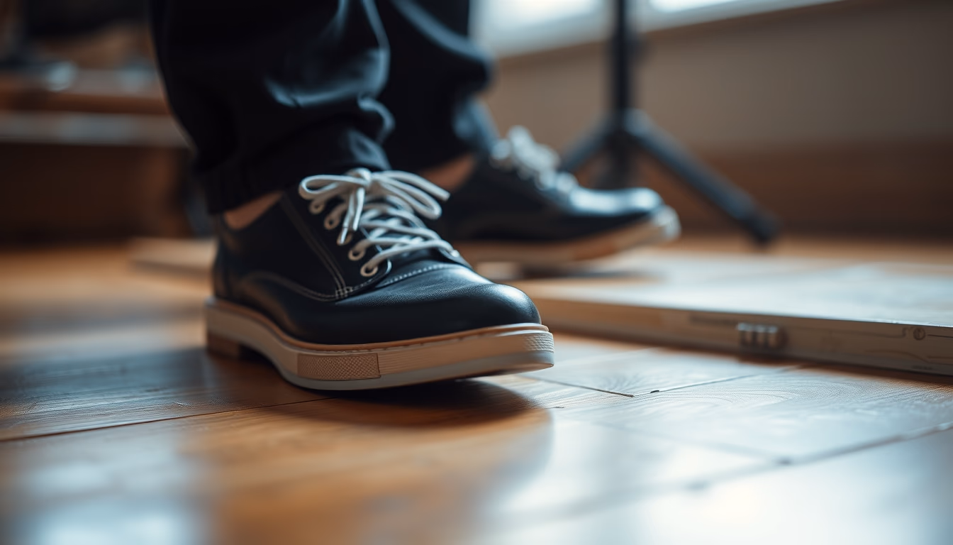 tap shoes wooden floor in editorial style