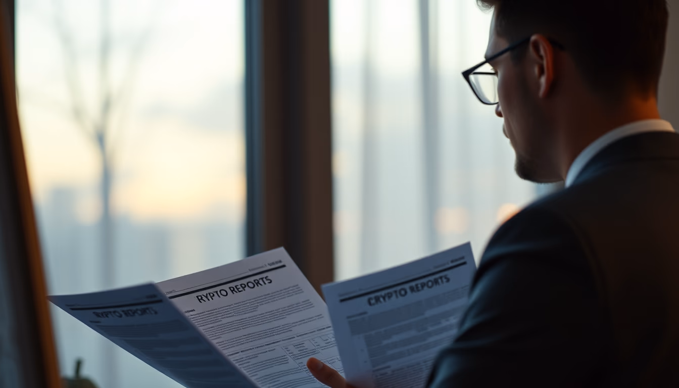 tax accountant with crypto reports and tax forms in editorial style