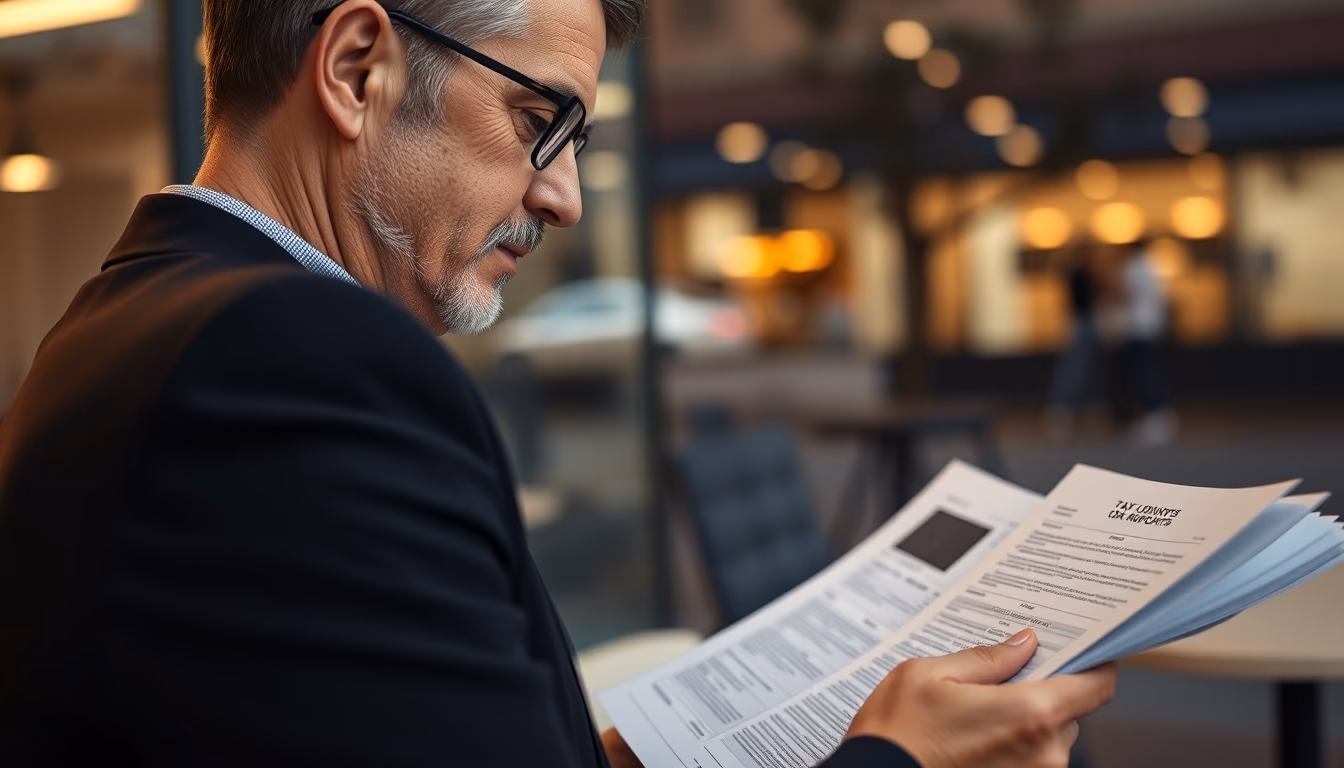 tax accountant with crypto reports and tax forms in editorial style