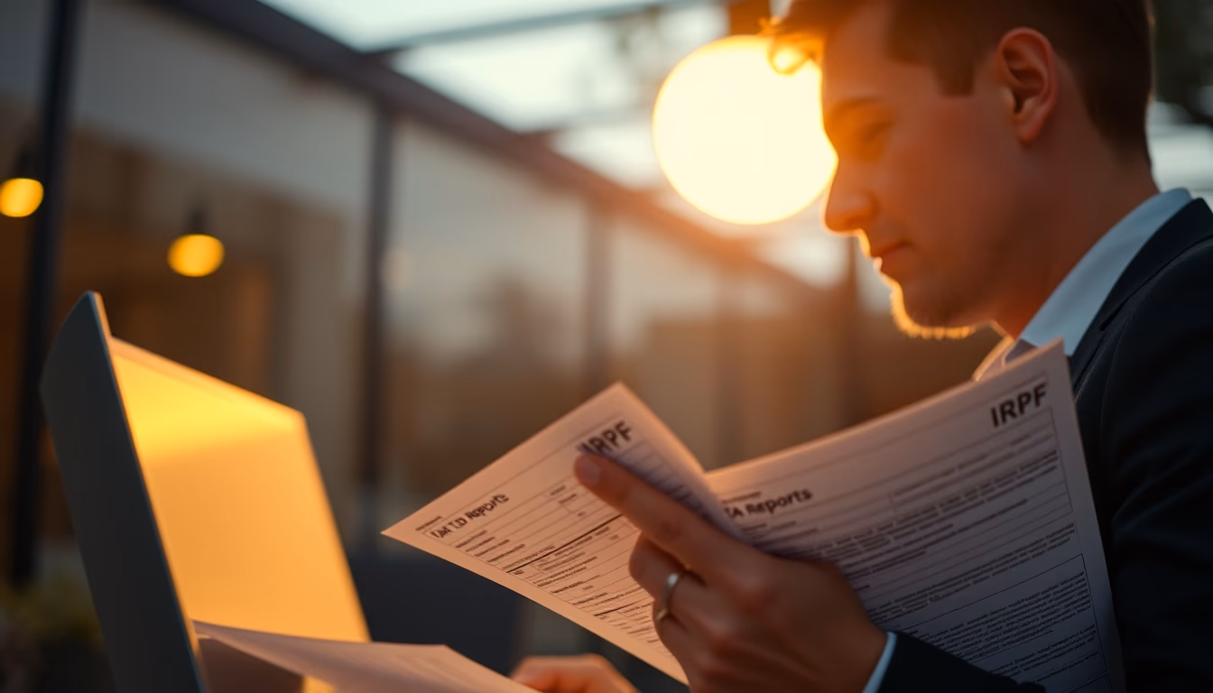 tax accountant with crypto reports and tax forms in editorial style