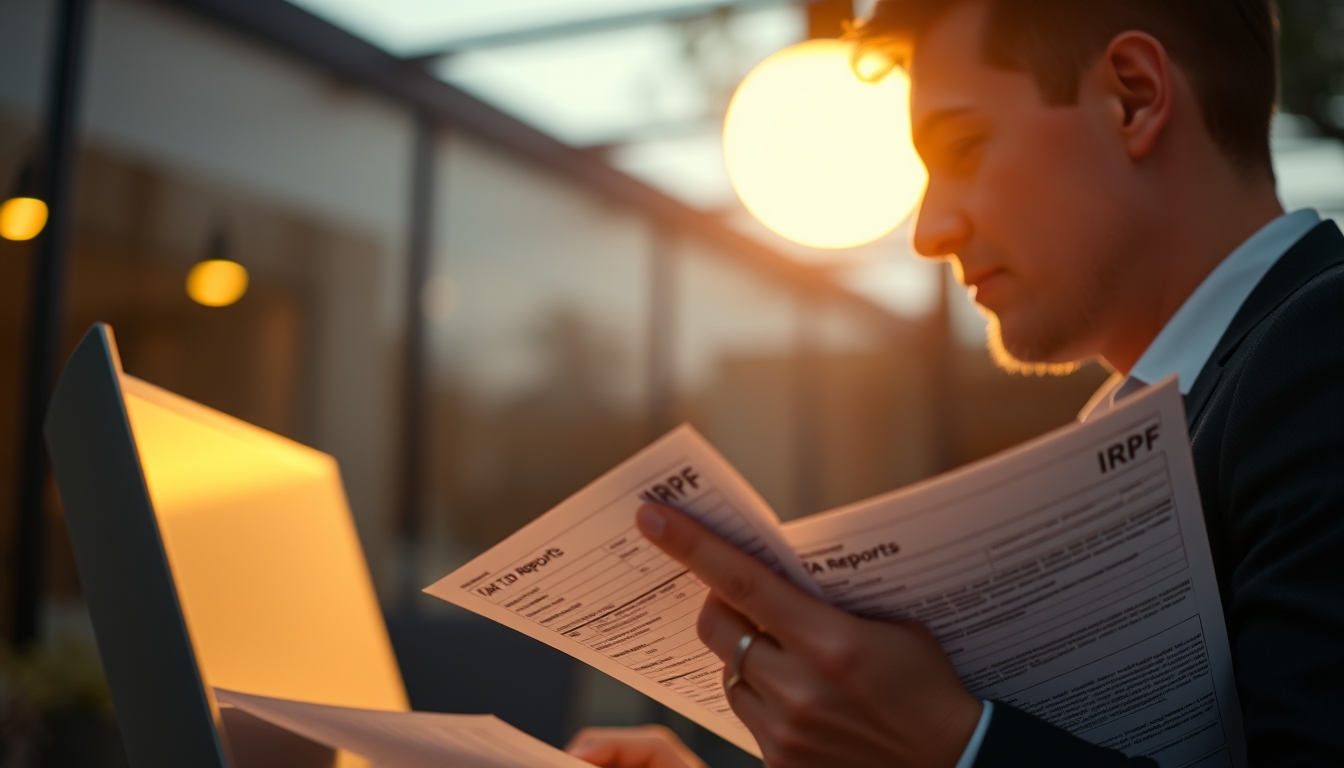 Contador tributário with crypto reports and IRPF forms em estilo editorial