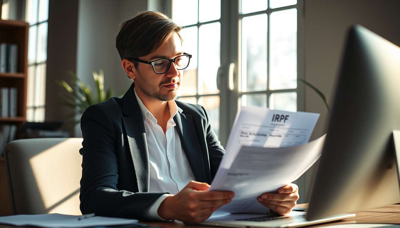 Contador tributário with crypto reports and IRPF forms em estilo editorial