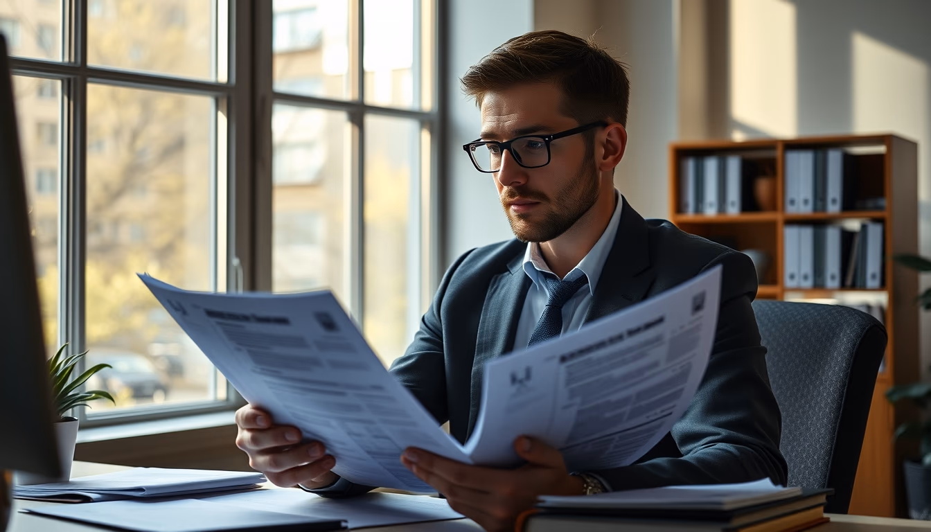 tax accountant with crypto reports and tax forms in editorial style