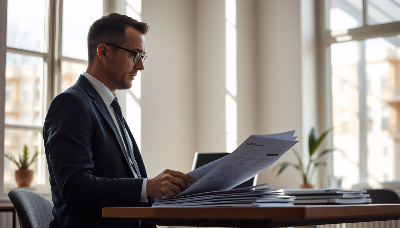 tax accountant with crypto reports and tax forms in editorial style