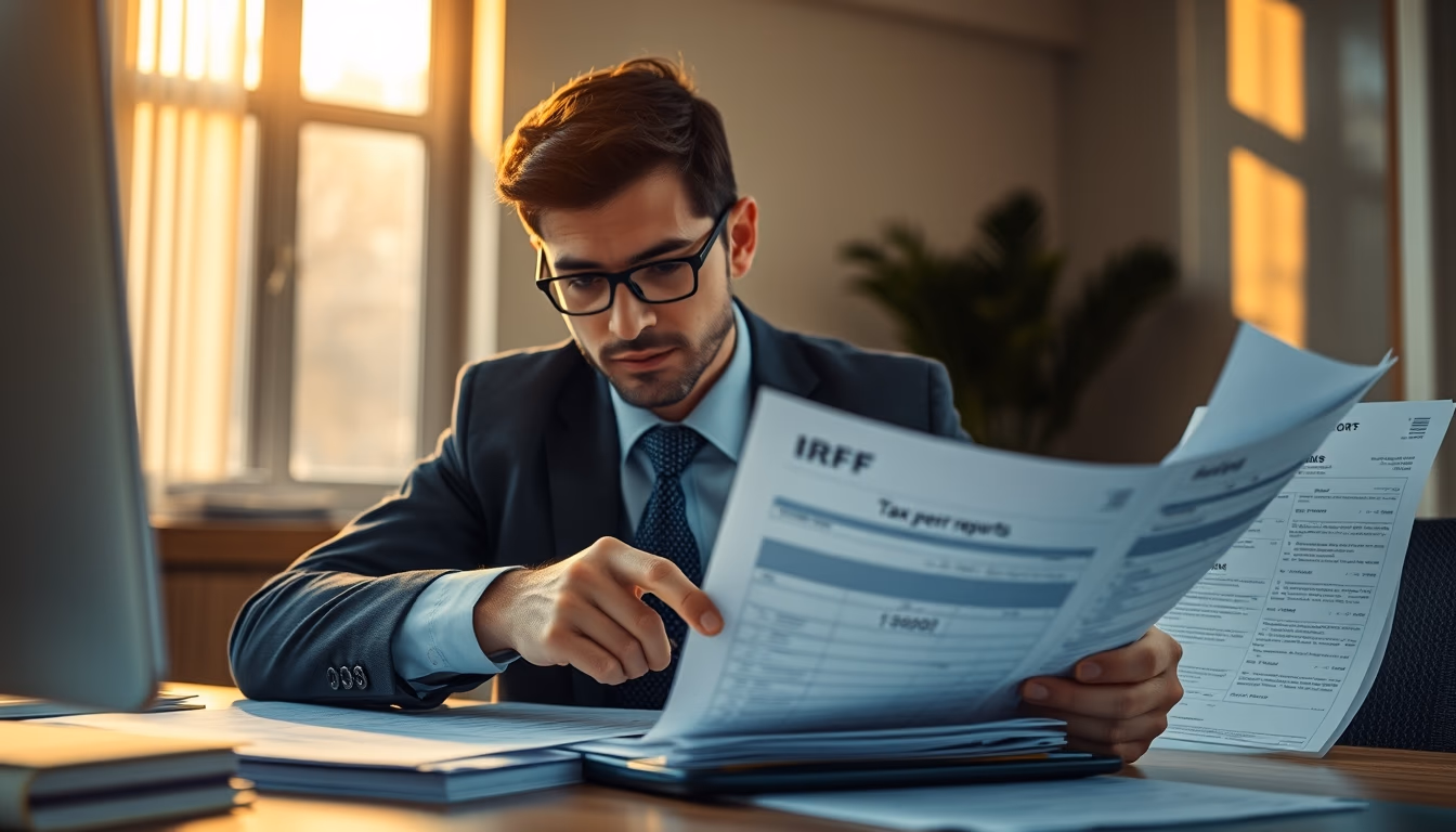 tax accountant with crypto reports and tax forms in editorial style