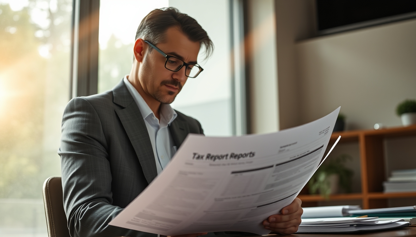 Contador tributário with crypto reports and IRPF forms em estilo editorial