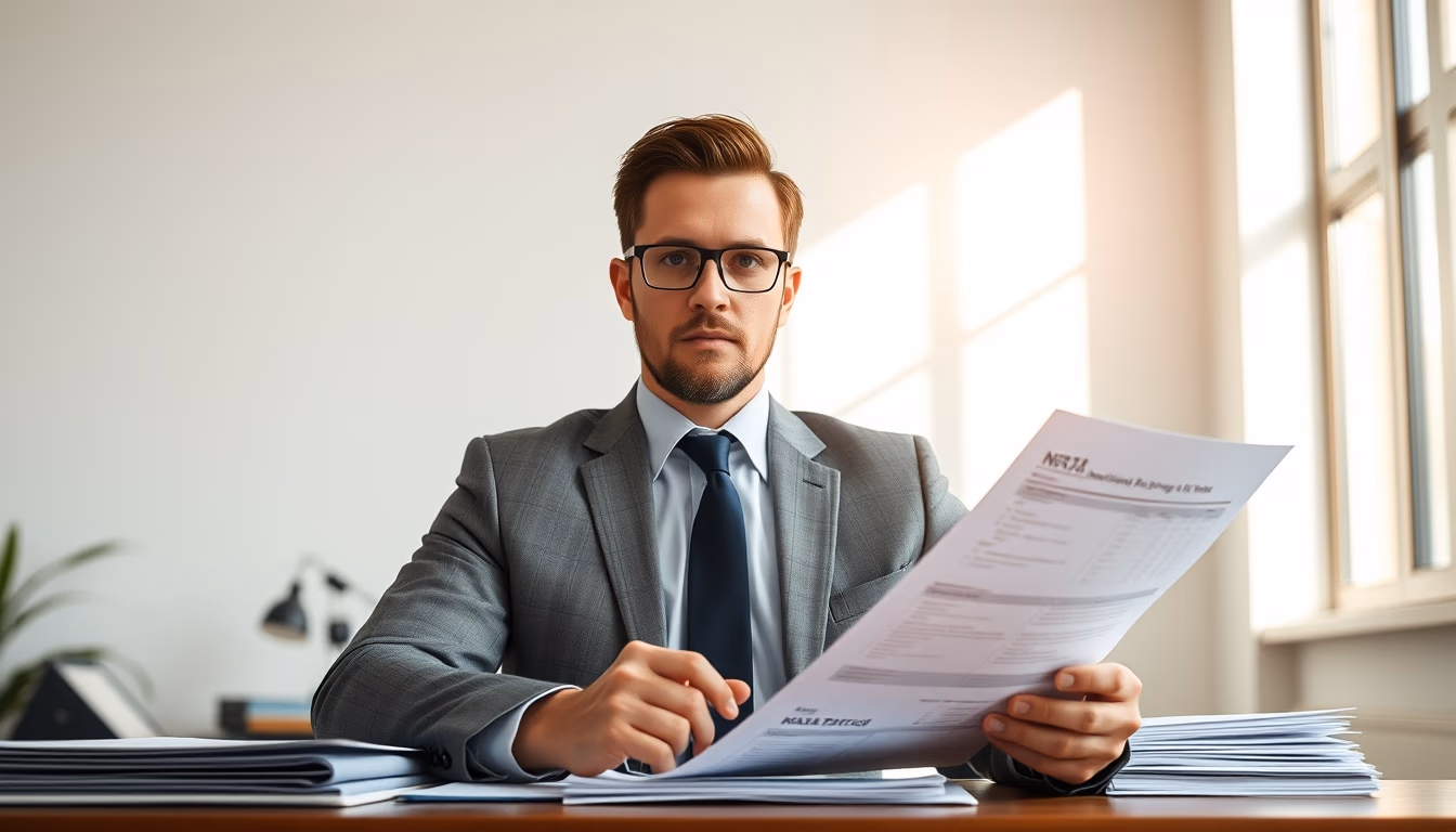 tax accountant with crypto reports and tax forms in editorial style