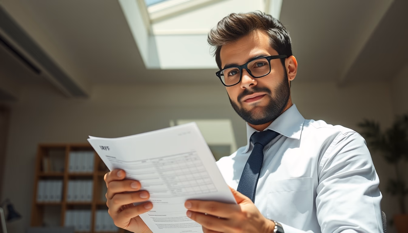 tax accountant with crypto reports and tax forms in editorial style