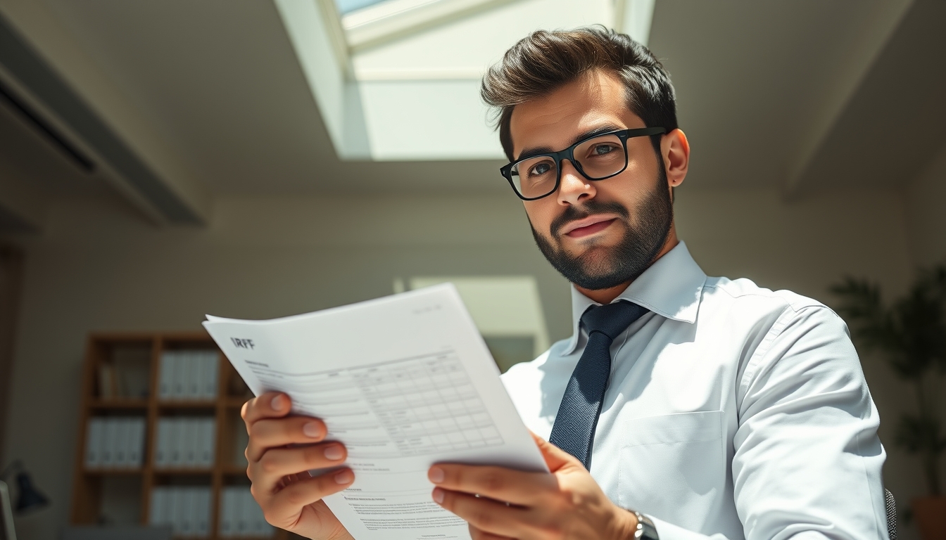 Contador tributário with crypto reports and IRPF forms em estilo editorial