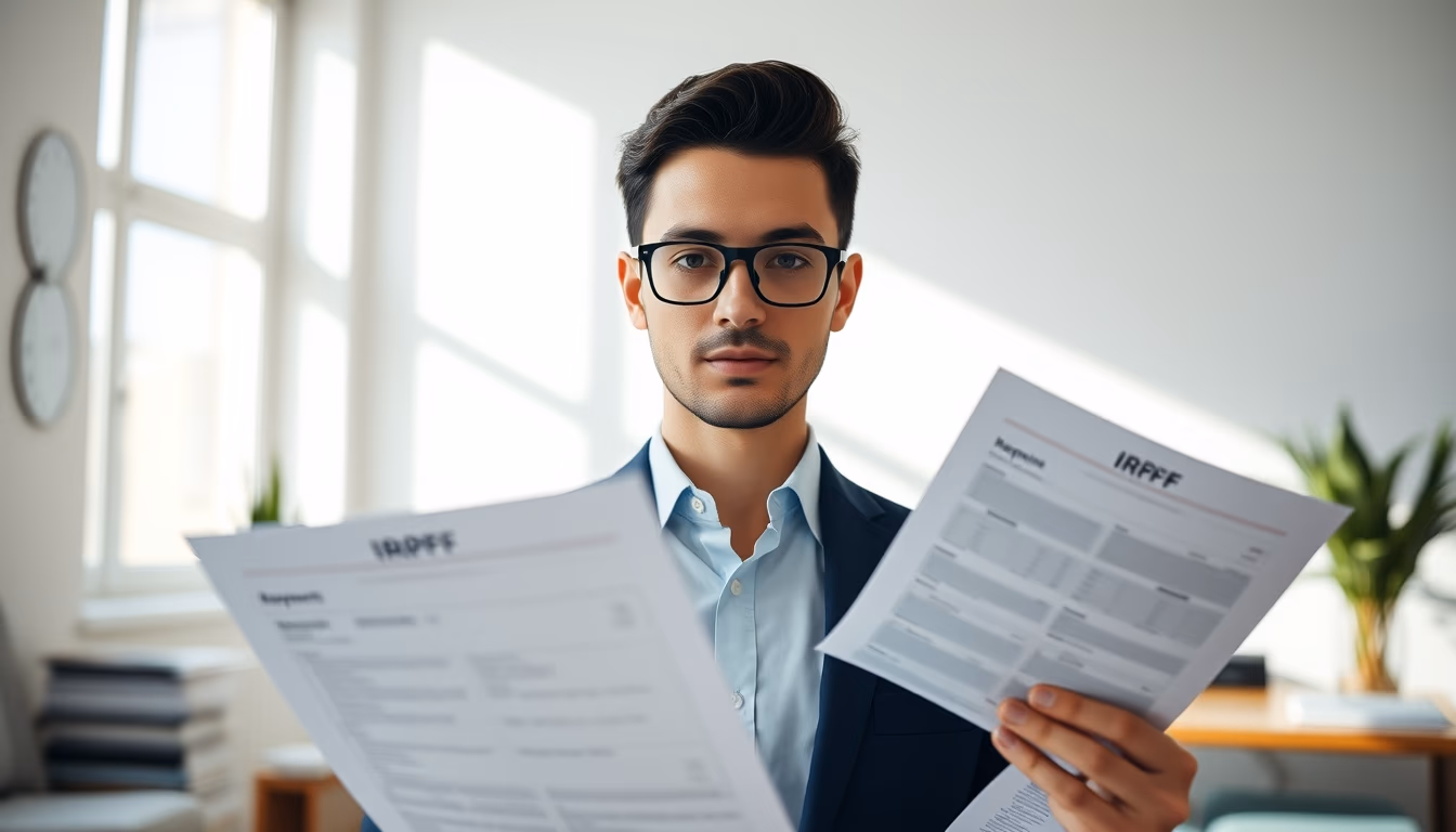 tax accountant with crypto reports and tax forms in editorial style