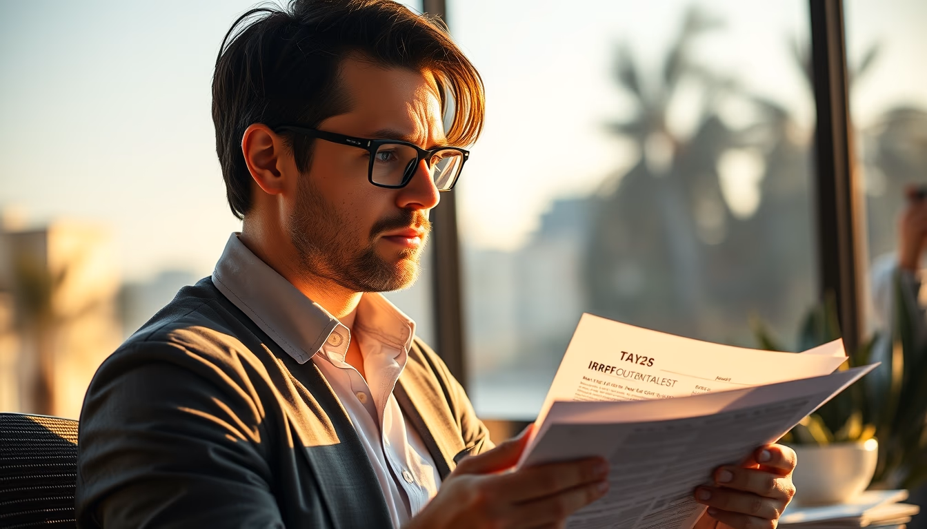 tax accountant with crypto reports and tax forms in editorial style