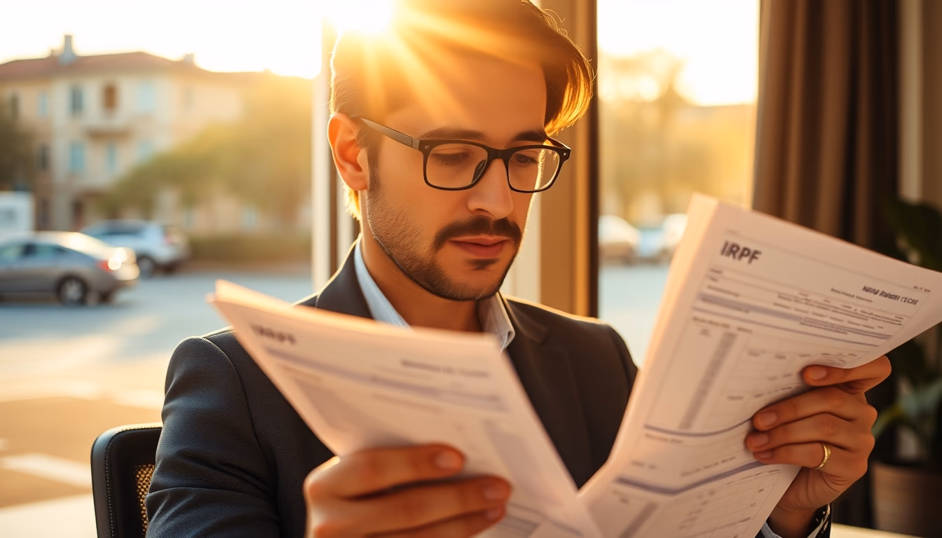 tax accountant with crypto reports and tax forms in editorial style