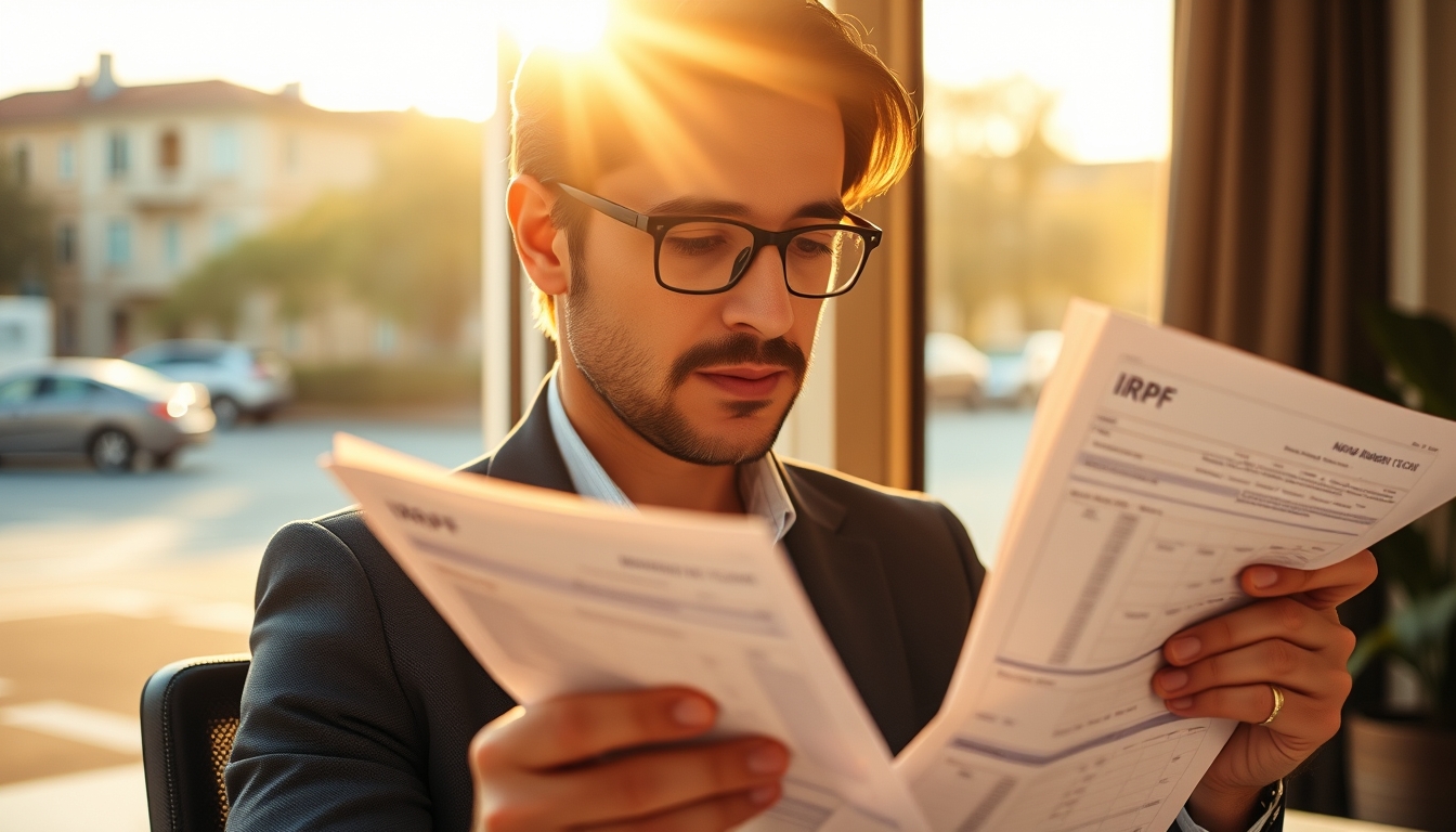 Contador tributário with crypto reports and IRPF forms em estilo editorial