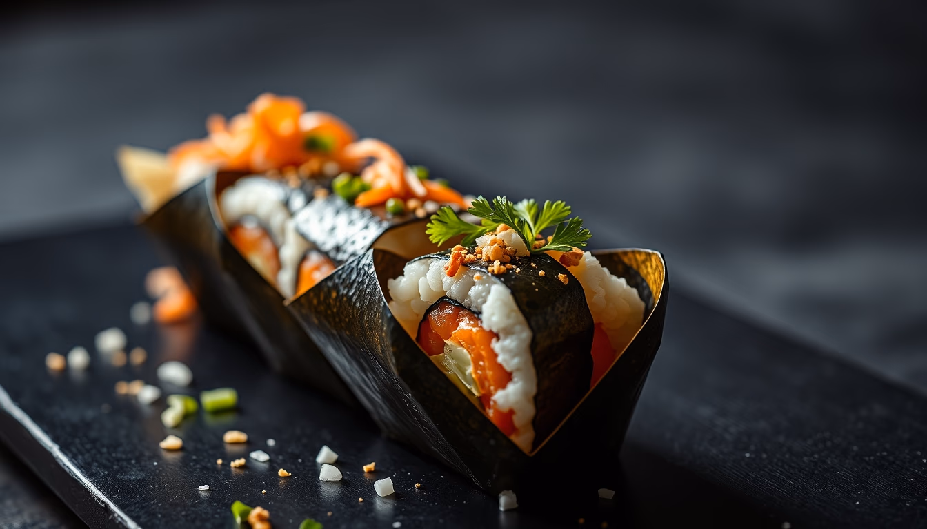 temaki cone sushi in editorial style