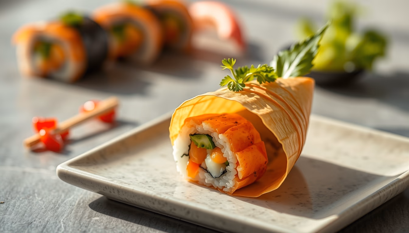 temaki cone sushi in editorial style