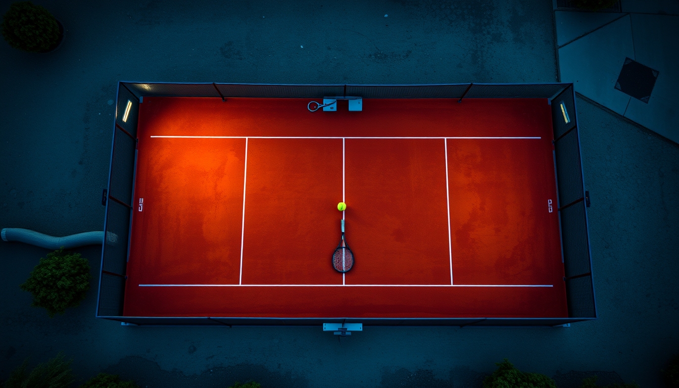 tennis racket and ball clay court in editorial style