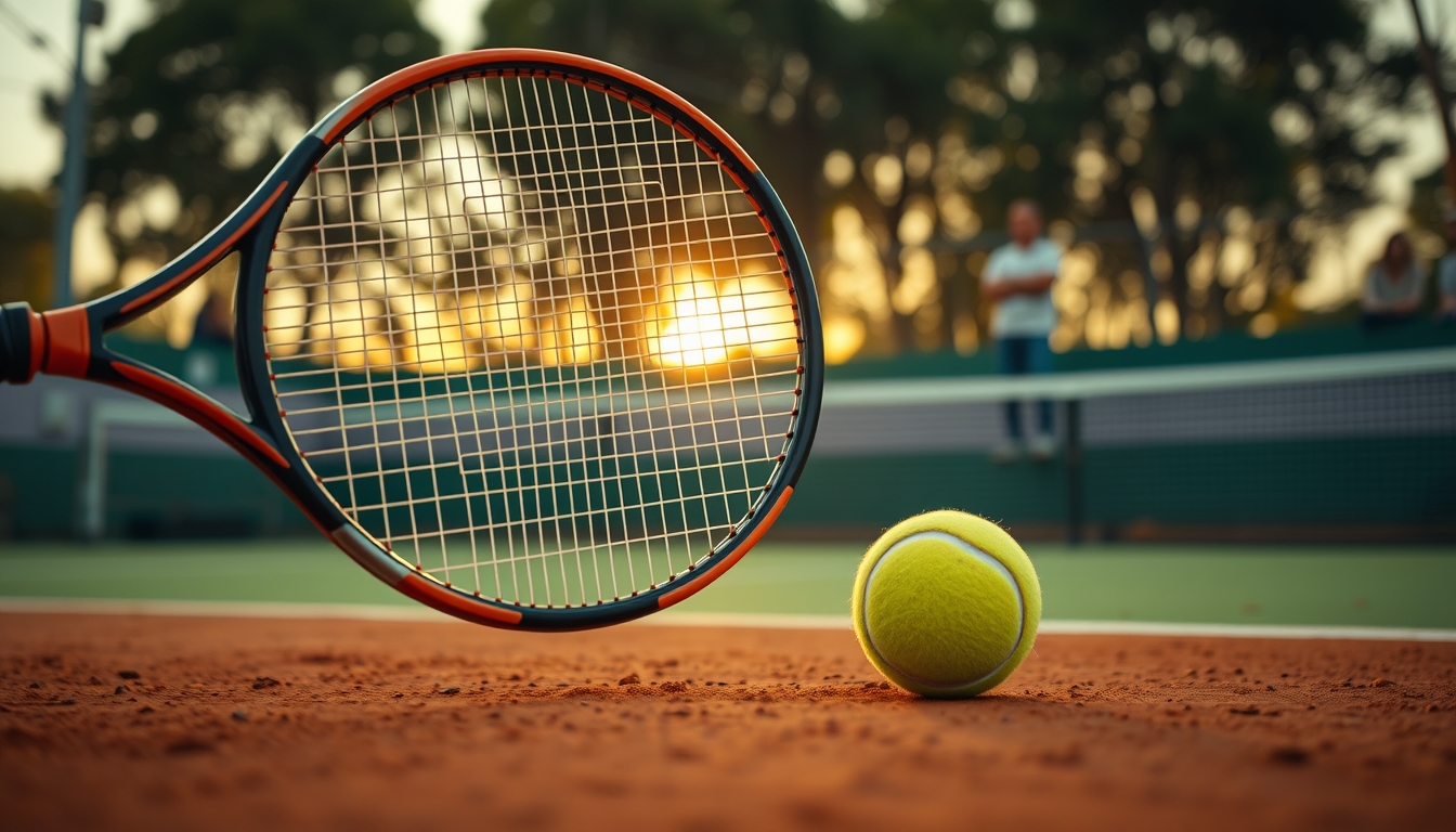 tennis racket and ball clay court in editorial style