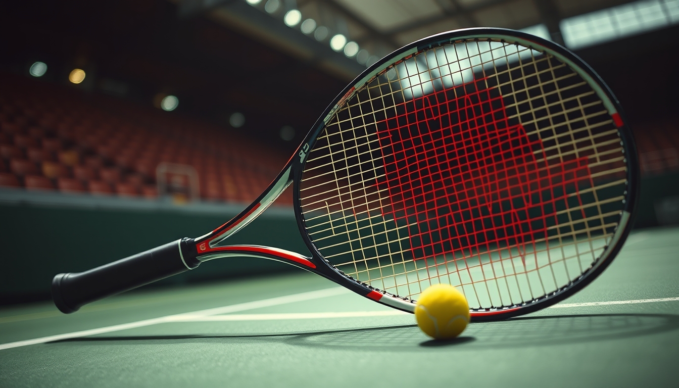 tennis racket and ball clay court in editorial style