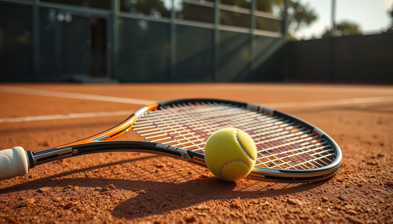 tennis racket and ball clay court in editorial style
