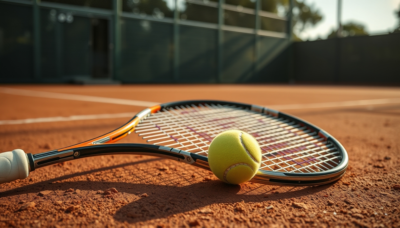 tennis racket and ball clay court in editorial style