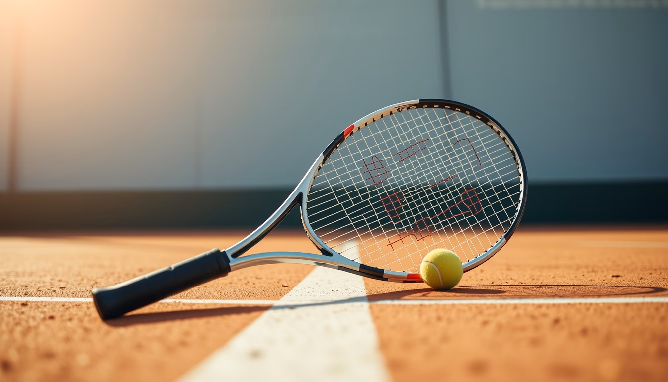 tennis racket and ball clay court in editorial style
