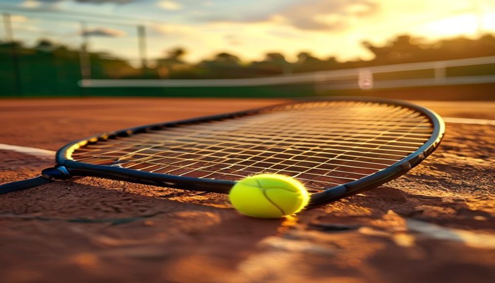 Tennis racket and ball clay court em estilo editorial