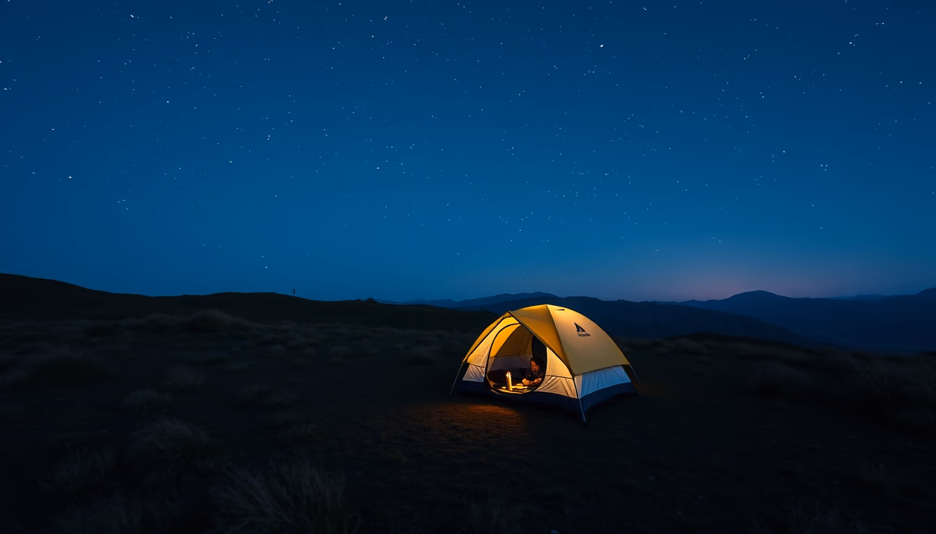 tent under stars night in editorial style