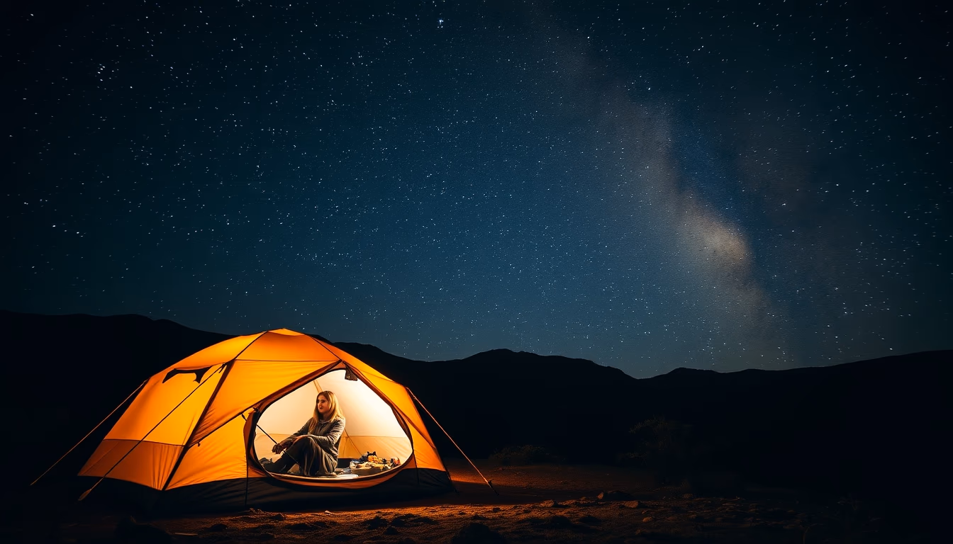 tent under stars night in editorial style