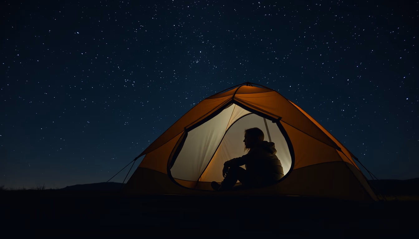 tent under stars night in editorial style