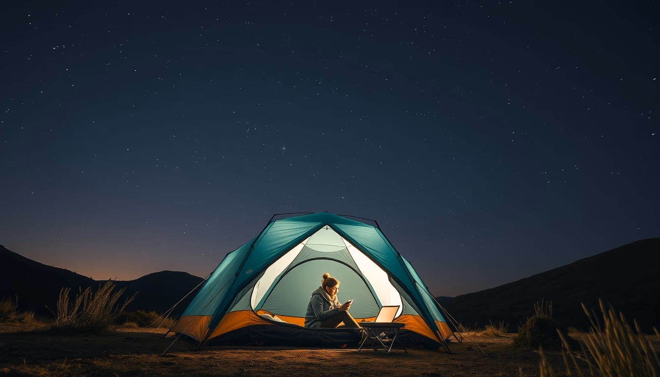 tent under stars night in editorial style