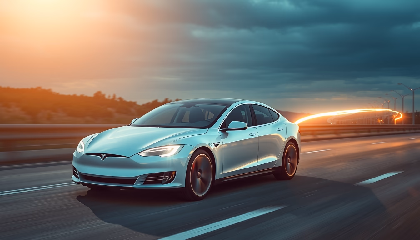 tesla model s on highway in editorial style