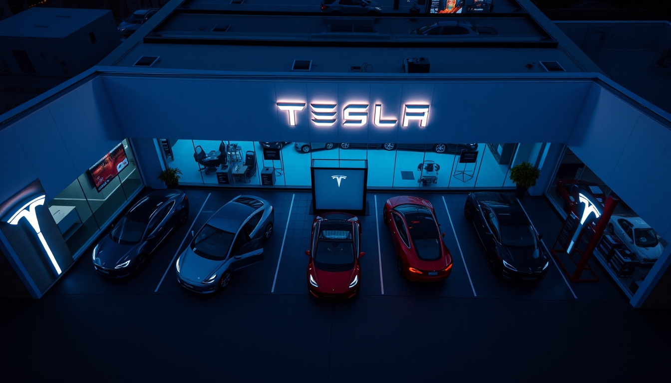 tesla model showroom in editorial style