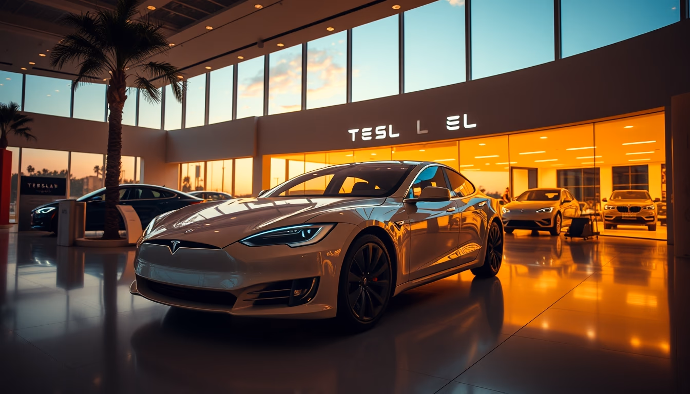 tesla model showroom in editorial style