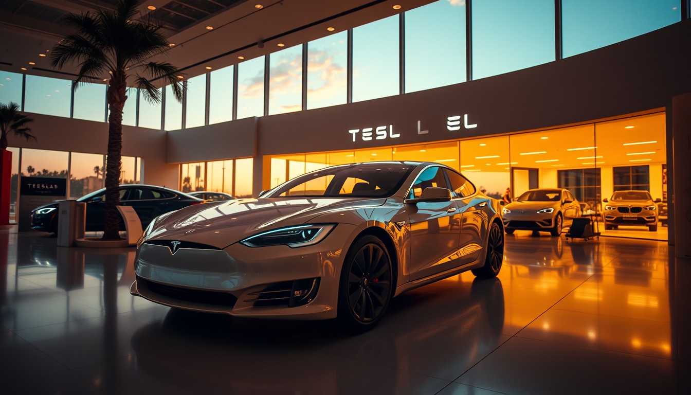tesla model showroom in editorial style