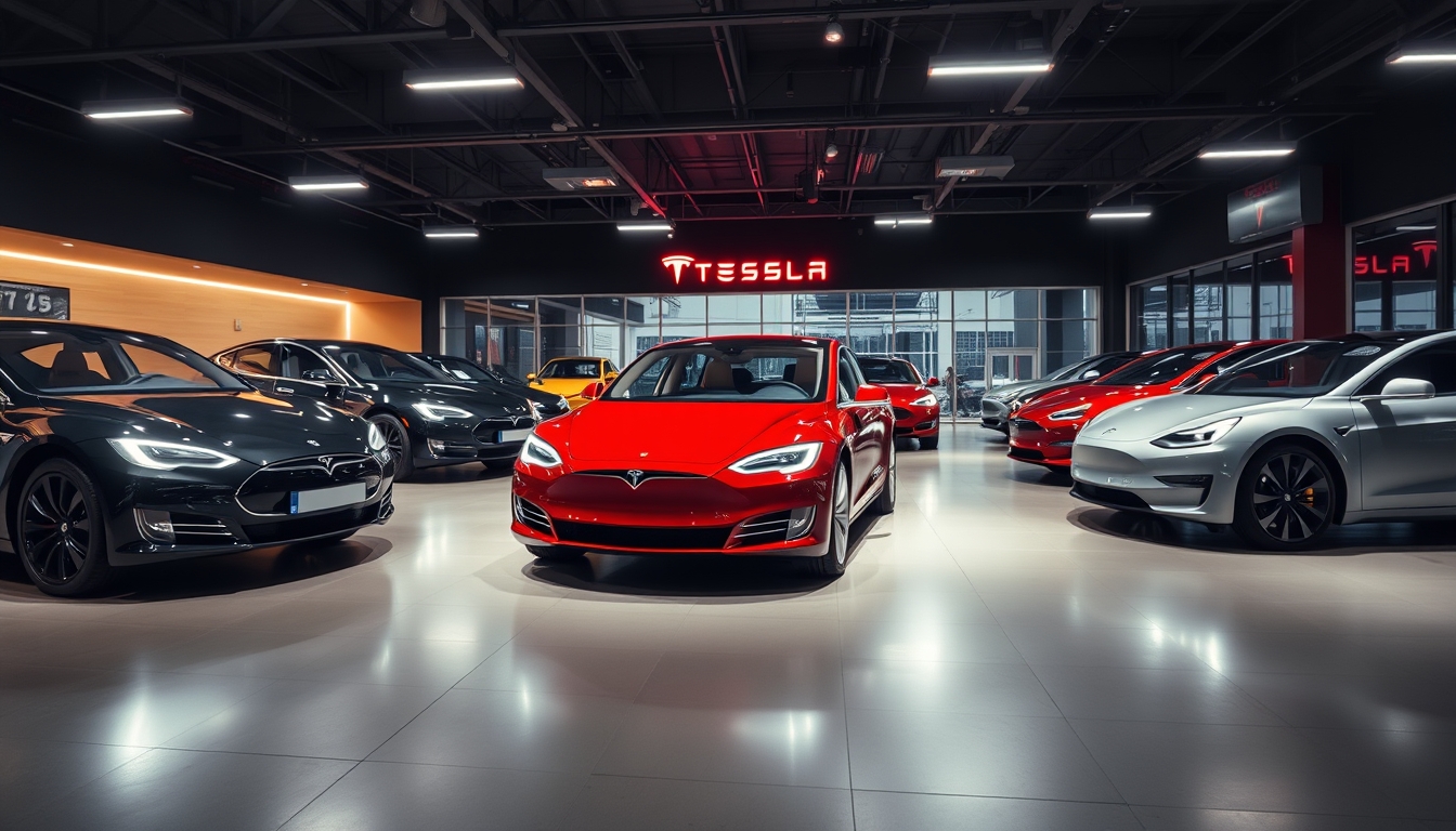 tesla model showroom in editorial style