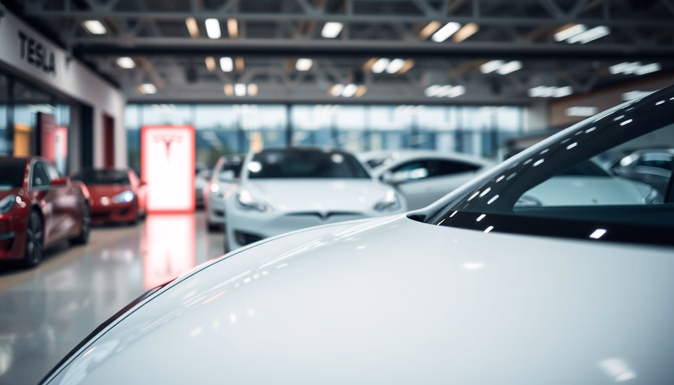 tesla model showroom in editorial style
