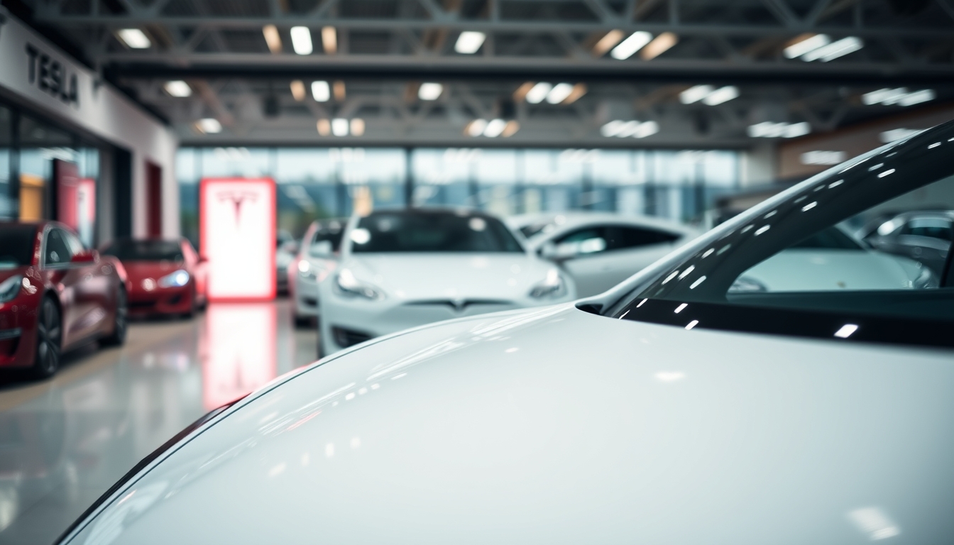 tesla model showroom in editorial style