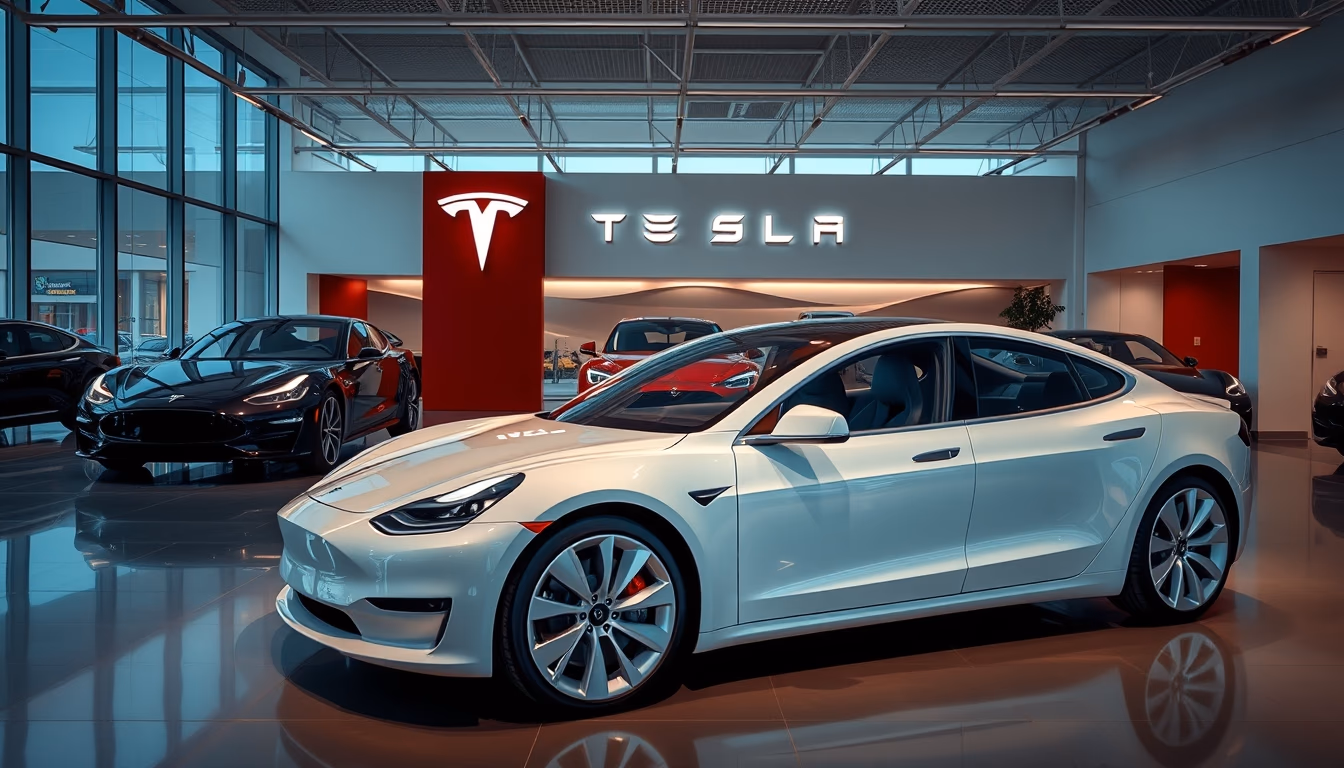 tesla model showroom in editorial style