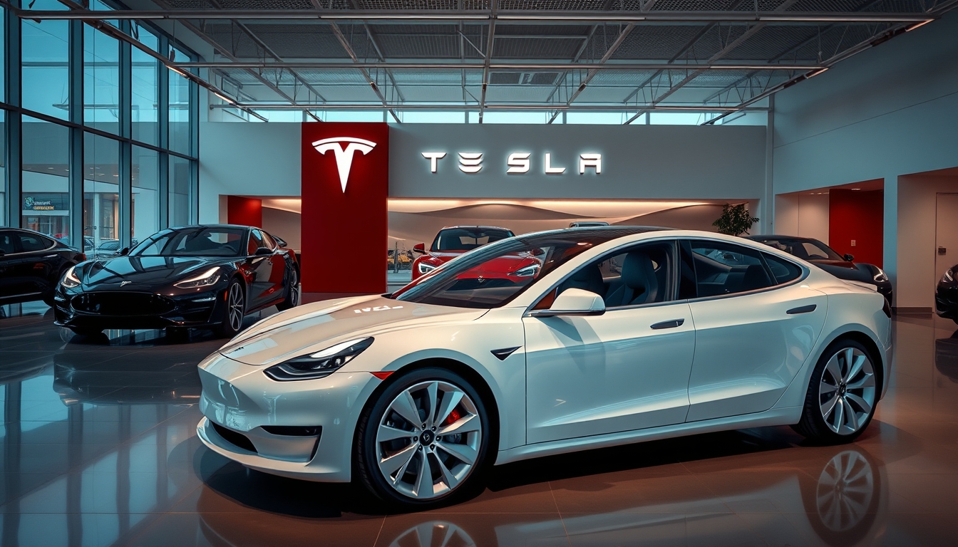 tesla model showroom in editorial style