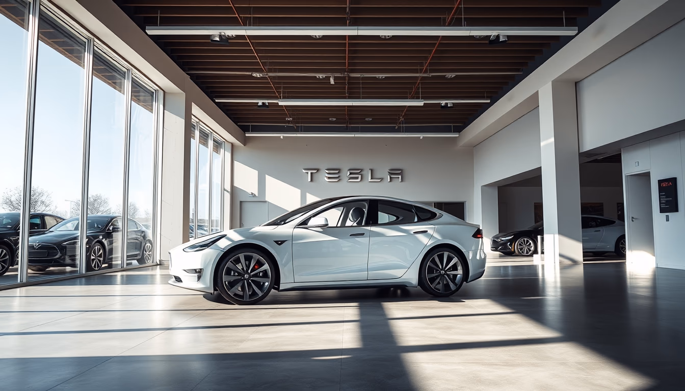 tesla model showroom in editorial style