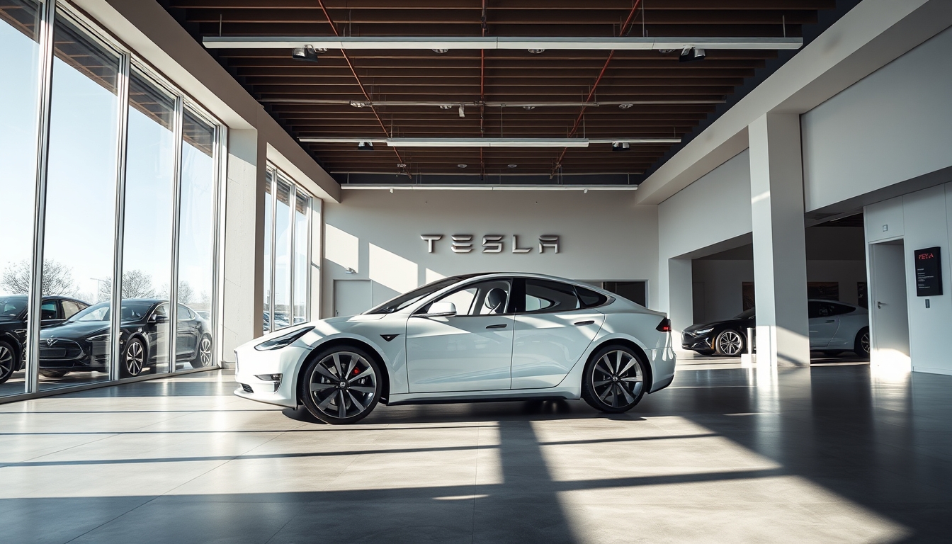 tesla model showroom in editorial style