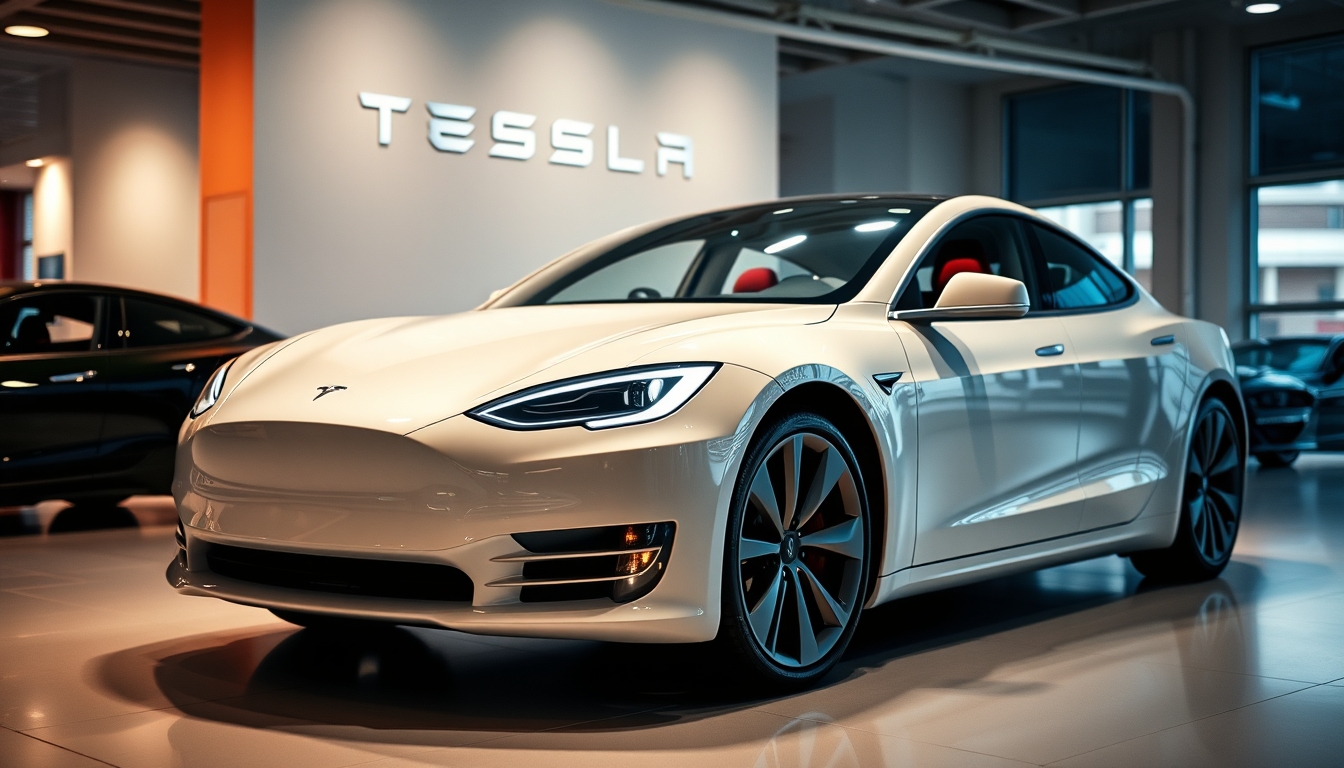 tesla model showroom in editorial style