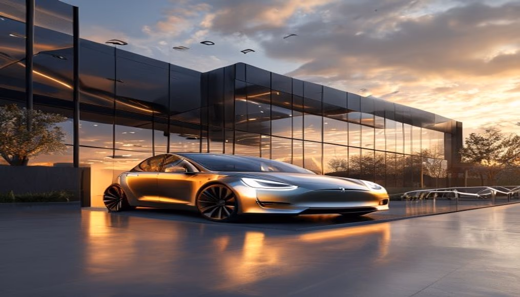tesla model showroom in editorial style