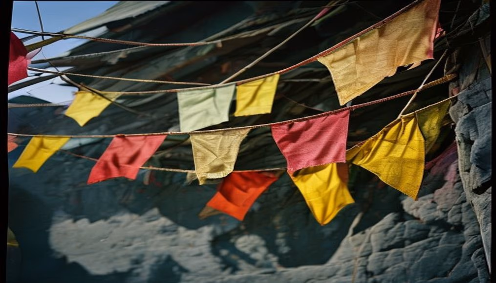 tibetan monastery prayer flags in editorial style