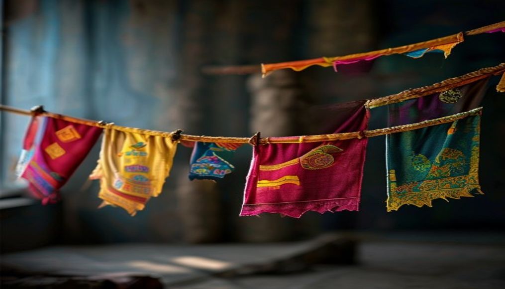 tibetan monastery prayer flags in editorial style