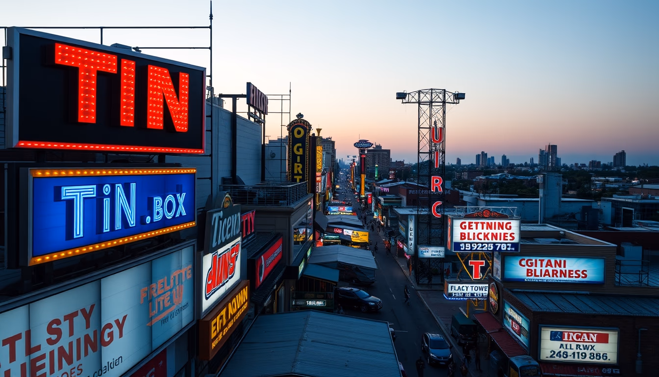 tin advertising signs row in editorial style